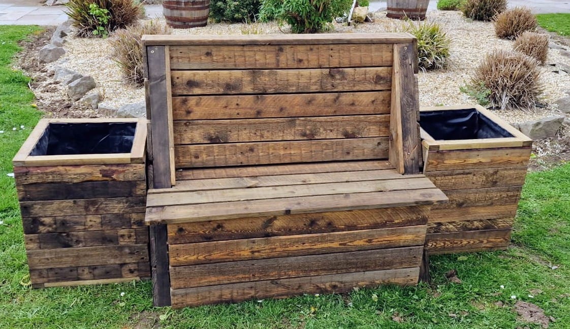 Double Outdoor Bench With Planters